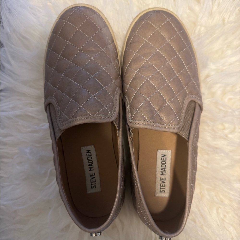 Steve Madden Quilted Slip-On Sneakers in Taupe Metallic